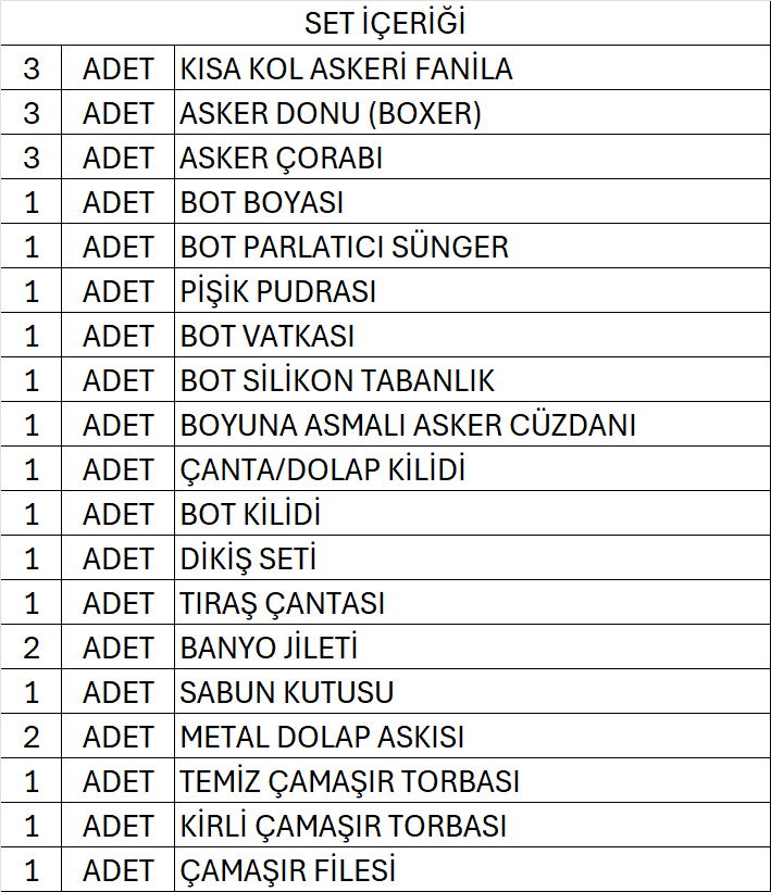 Ekonomik 3'lü Askerlik Seti